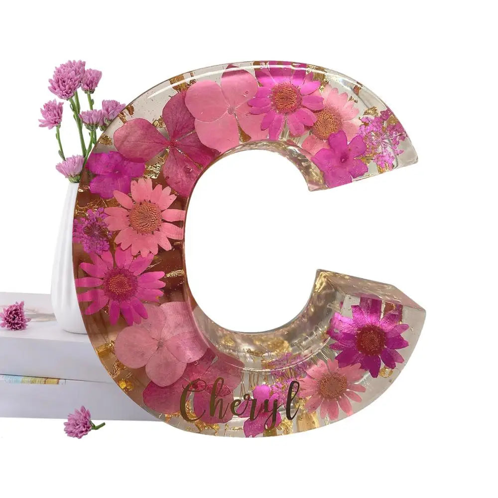 Floral Letter Night Lights Decorative Resin Lamp with Initial Letter & Dry Flower Creative Table Light Night Lamp Glowing