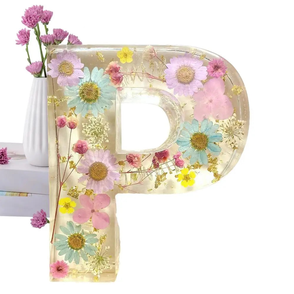 Floral Letter Night Lights Decorative Resin Lamp with Initial Letter & Dry Flower Creative Table Light Night Lamp Glowing