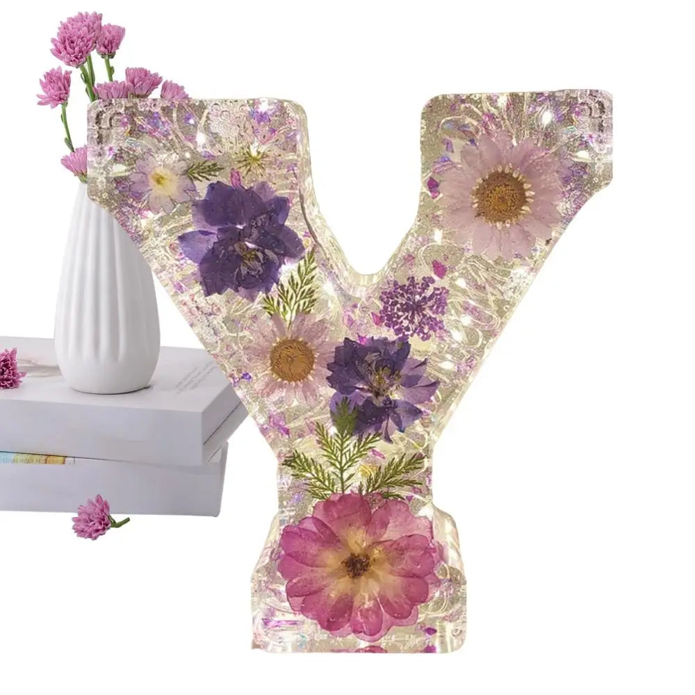 Floral Letter Night Lights Decorative Resin Lamp with Initial Letter & Dry Flower Creative Table Light Night Lamp Glowing