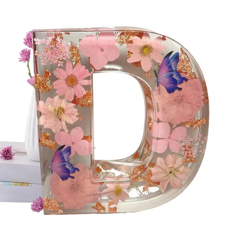 Floral Letter Night Lights Decorative Resin Lamp with Initial Letter & Dry Flower Creative Table Light Night Lamp Glowing