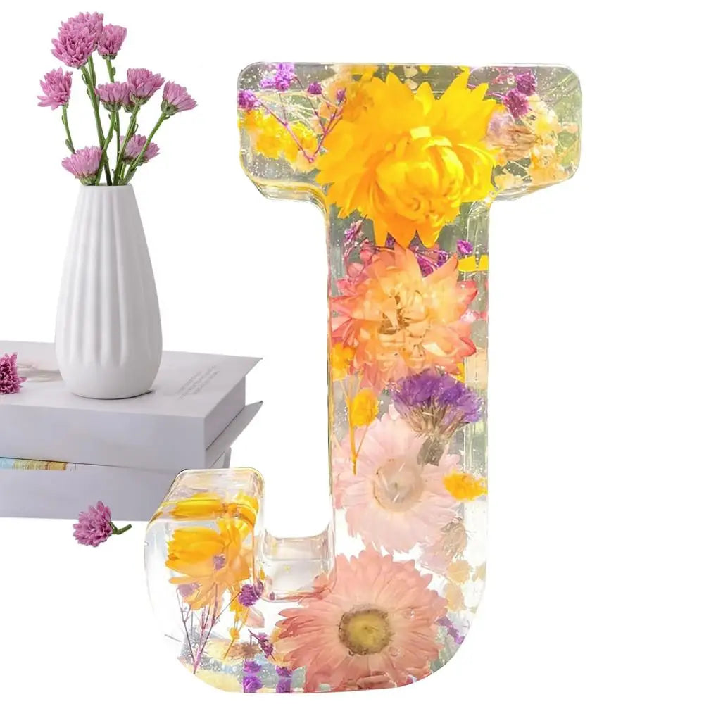 Floral Letter Night Lights Decorative Resin Lamp with Initial Letter & Dry Flower Creative Table Light Night Lamp Glowing