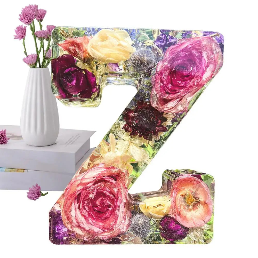 Floral Letter Night Lights Decorative Resin Lamp with Initial Letter & Dry Flower Creative Table Light Night Lamp Glowing