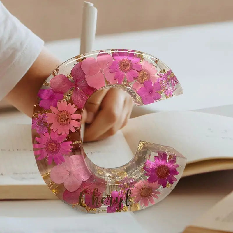 Floral Letter Night Lights Decorative Resin Lamp with Initial Letter & Dry Flower Creative Table Light Night Lamp Glowing
