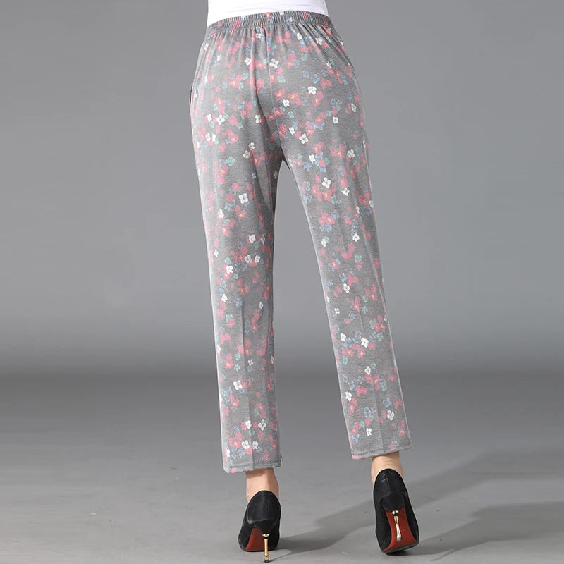 Flower Pattern Light Colored Pants Cool and Breathable Elastic Cropped Pants Summer Women'S Solid Color High Waisted Loose