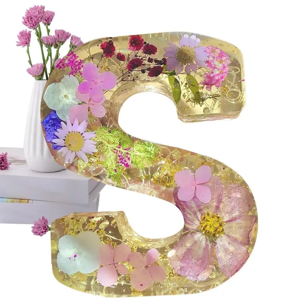 Floral Letter Night Lights Decorative Resin Lamp with Initial Letter & Dry Flower Creative Table Light Night Lamp Glowing