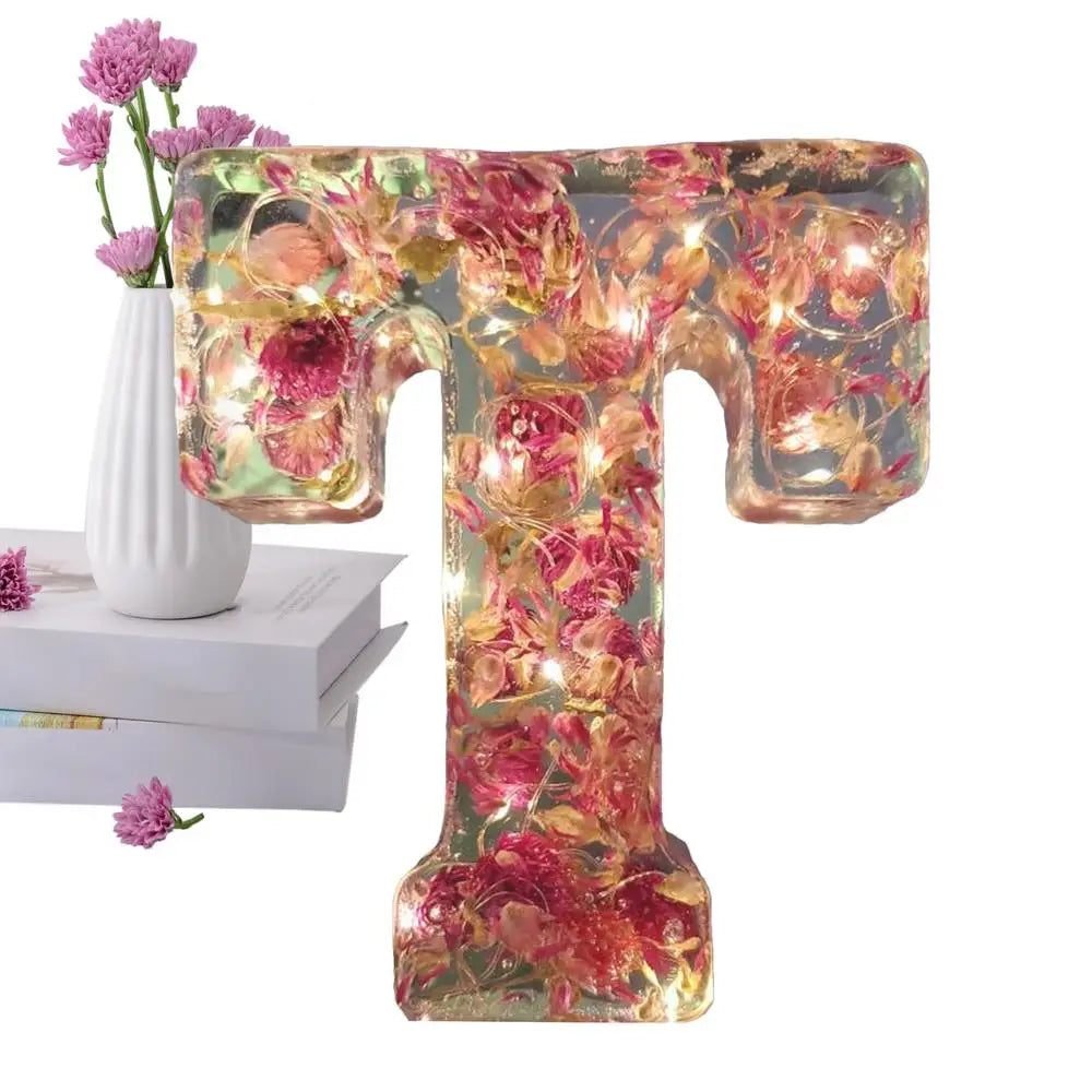 Floral Letter Night Lights Decorative Resin Lamp with Initial Letter & Dry Flower Creative Table Light Night Lamp Glowing