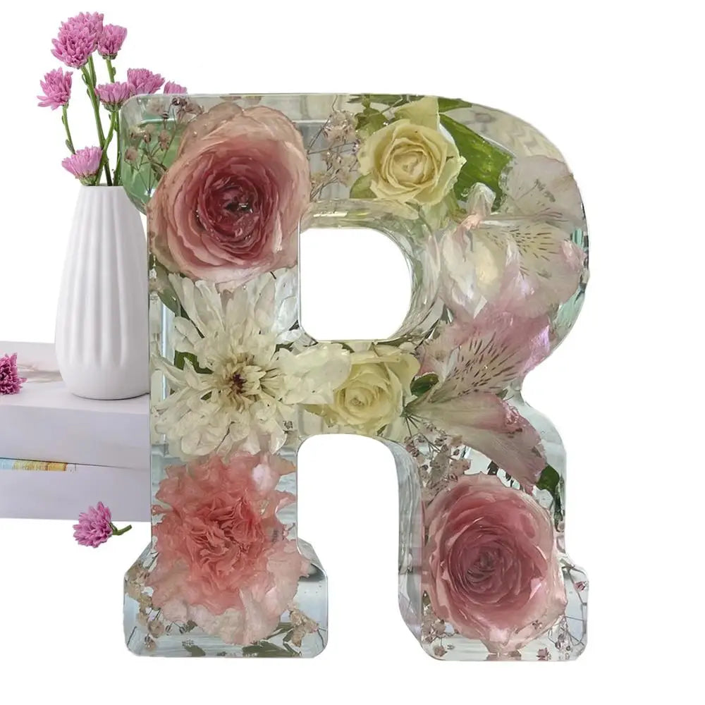 Floral Letter Night Lights Decorative Resin Lamp with Initial Letter & Dry Flower Creative Table Light Night Lamp Glowing