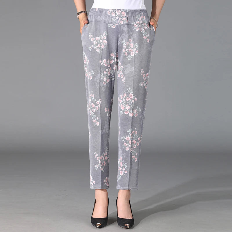 Flower Pattern Light Colored Pants Cool and Breathable Elastic Cropped Pants Summer Women'S Solid Color High Waisted Loose