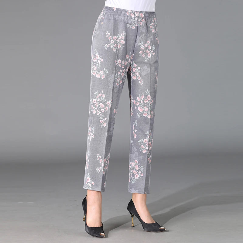 Flower Pattern Light Colored Pants Cool and Breathable Elastic Cropped Pants Summer Women'S Solid Color High Waisted Loose