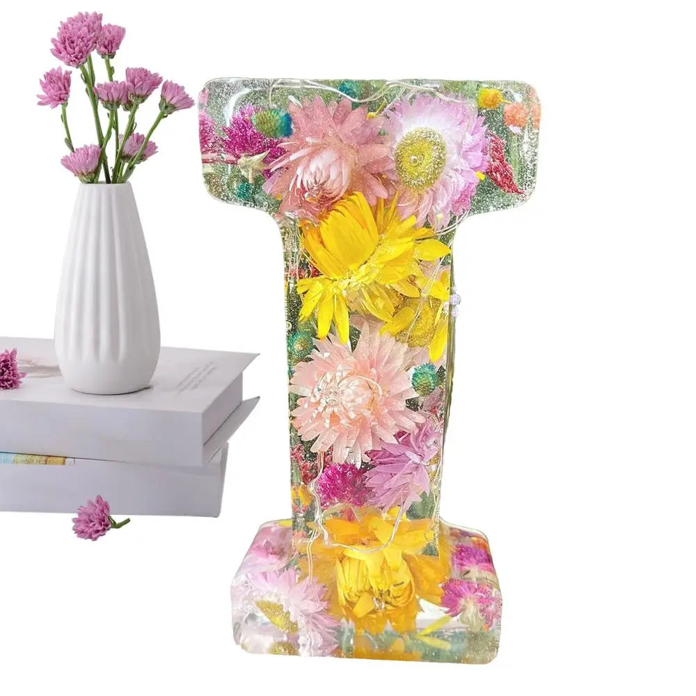 Floral Letter Night Lights Decorative Resin Lamp with Initial Letter & Dry Flower Creative Table Light Night Lamp Glowing