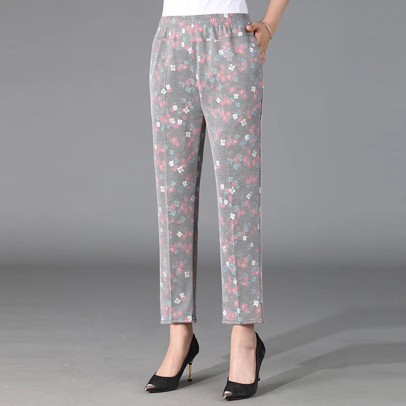 Flower Pattern Light Colored Pants Cool and Breathable Elastic Cropped Pants Summer Women'S Solid Color High Waisted Loose
