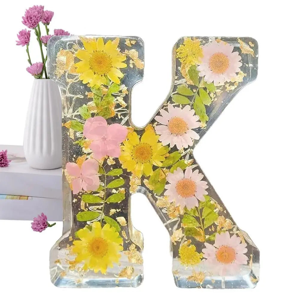 Floral Letter Night Lights Decorative Resin Lamp with Initial Letter & Dry Flower Creative Table Light Night Lamp Glowing