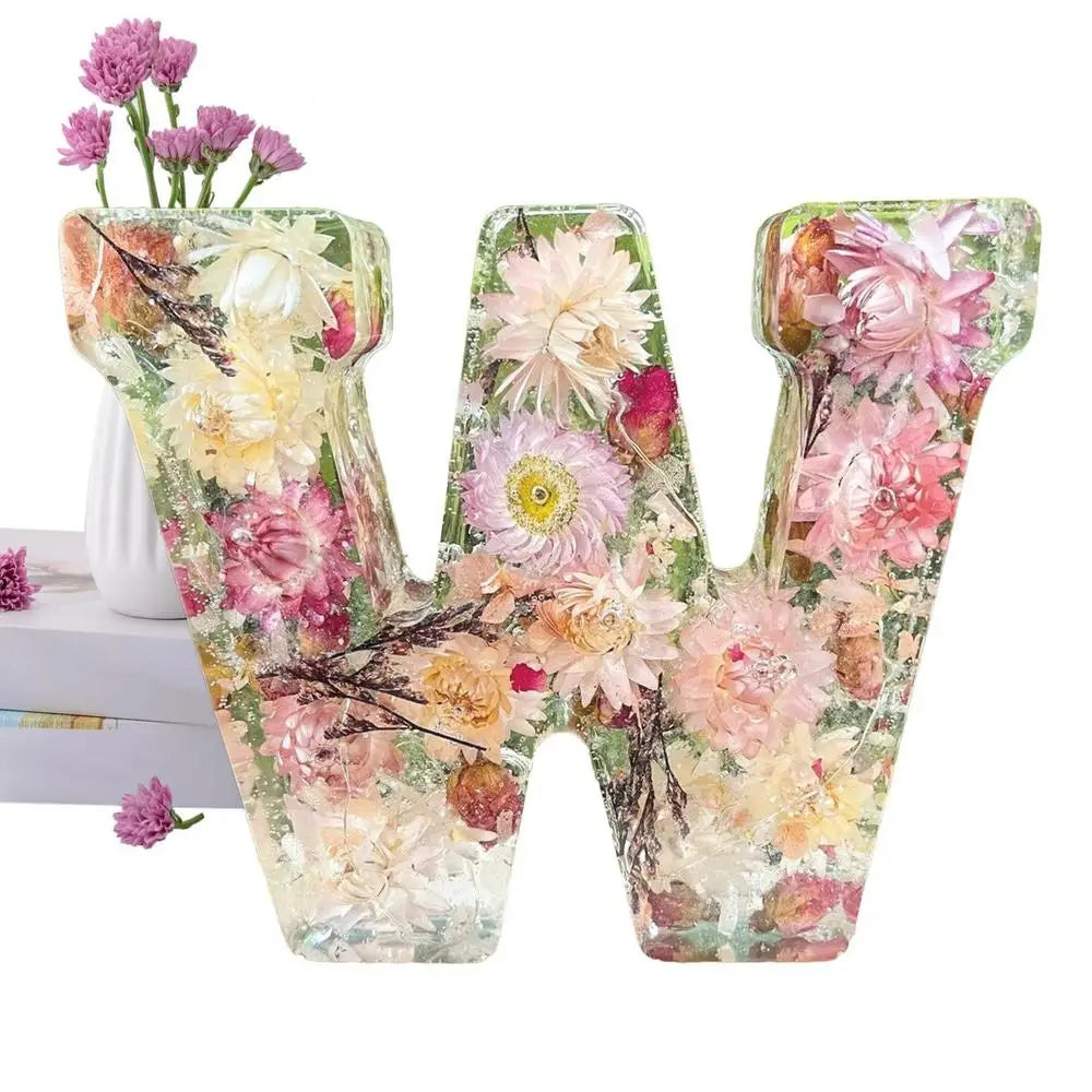 Floral Letter Night Lights Decorative Resin Lamp with Initial Letter & Dry Flower Creative Table Light Night Lamp Glowing