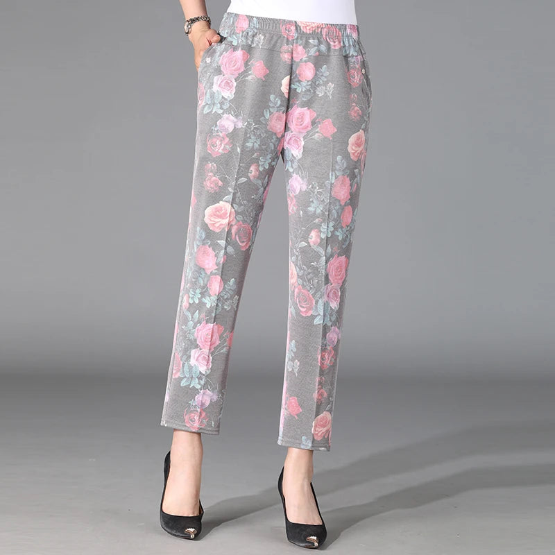 Flower Pattern Light Colored Pants Cool and Breathable Elastic Cropped Pants Summer Women'S Solid Color High Waisted Loose
