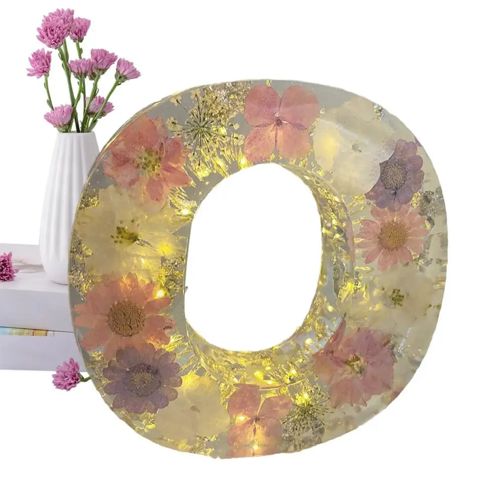 Floral Letter Night Lights Decorative Resin Lamp with Initial Letter & Dry Flower Creative Table Light Night Lamp Glowing