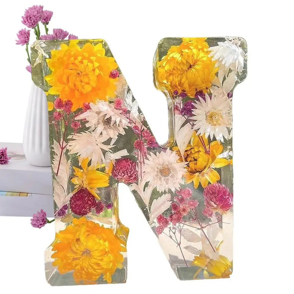 Floral Letter Night Lights Decorative Resin Lamp with Initial Letter & Dry Flower Creative Table Light Night Lamp Glowing