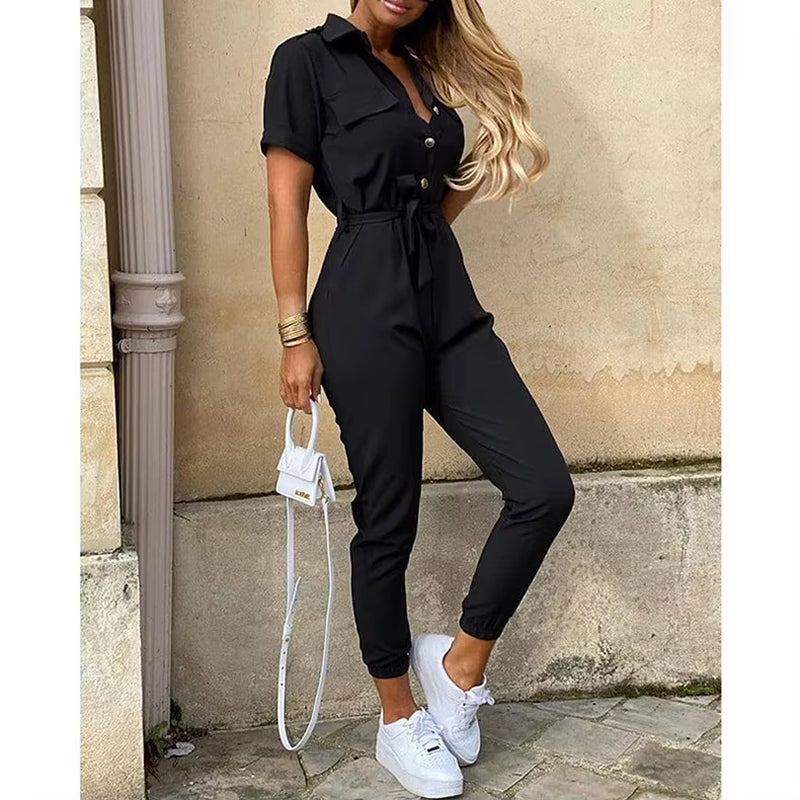 2024 Spring/Summer Women'S Fashion, Elegant and Elegant Commuter Casual Lapel, Printed Belt, Work Dress Jumpsuit