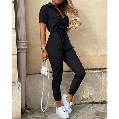 2024 Spring/Summer Women'S Fashion, Elegant and Elegant Commuter Casual Lapel, Printed Belt, Work Dress Jumpsuit