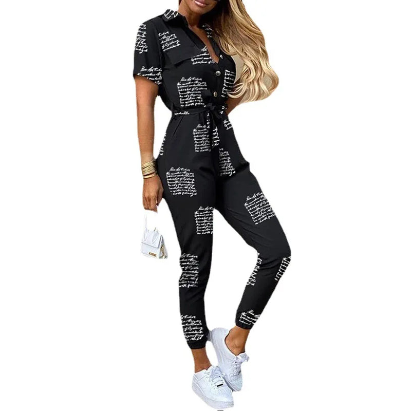 2024 Spring/Summer Women'S Fashion, Elegant and Elegant Commuter Casual Lapel, Printed Belt, Work Dress Jumpsuit