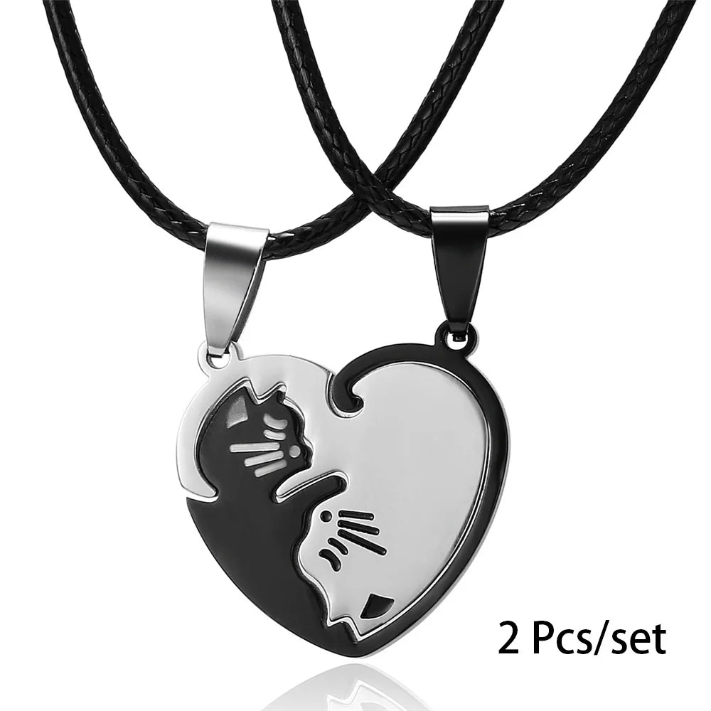 2 Pcs/Set Cute Black and White Cat Pendant Stainless Steel Cat Embrace Couple Necklace Jewelry Gift for Men and Women Pendant