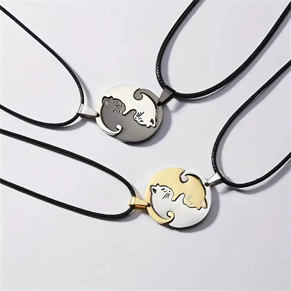 2 Pcs/Set Cute Black and White Cat Pendant Stainless Steel Cat Embrace Couple Necklace Jewelry Gift for Men and Women Pendant