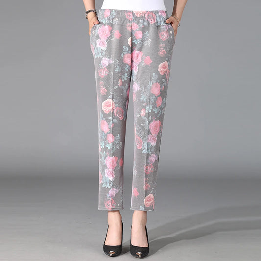 Flower Pattern Light Colored Pants Cool and Breathable Elastic Cropped Pants Summer Women'S Solid Color High Waisted Loose