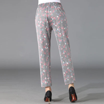 Flower Pattern Light Colored Pants Cool and Breathable Elastic Cropped Pants Summer Women'S Solid Color High Waisted Loose