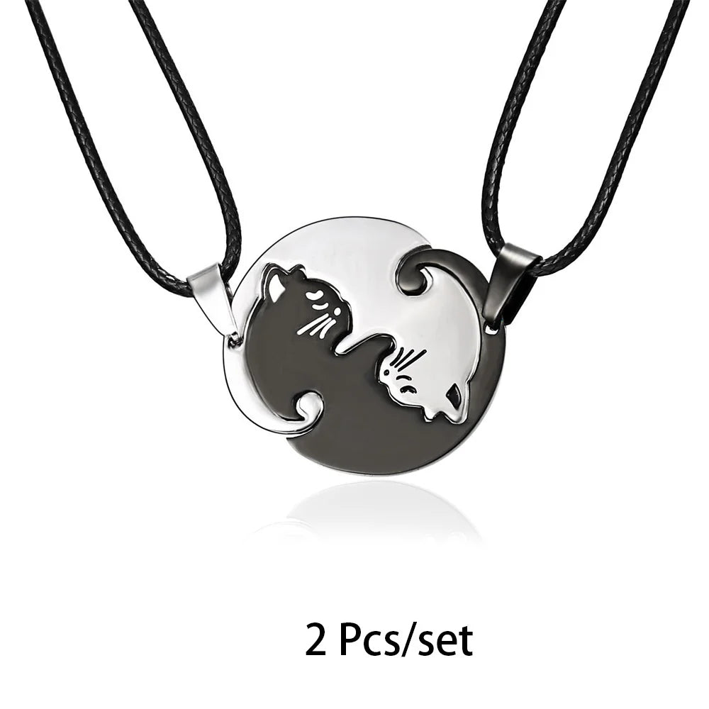 2 Pcs/Set Cute Black and White Cat Pendant Stainless Steel Cat Embrace Couple Necklace Jewelry Gift for Men and Women Pendant