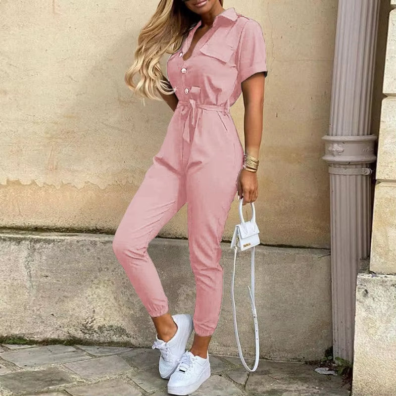 2024 Spring/Summer Women'S Fashion, Elegant and Elegant Commuter Casual Lapel, Printed Belt, Work Dress Jumpsuit