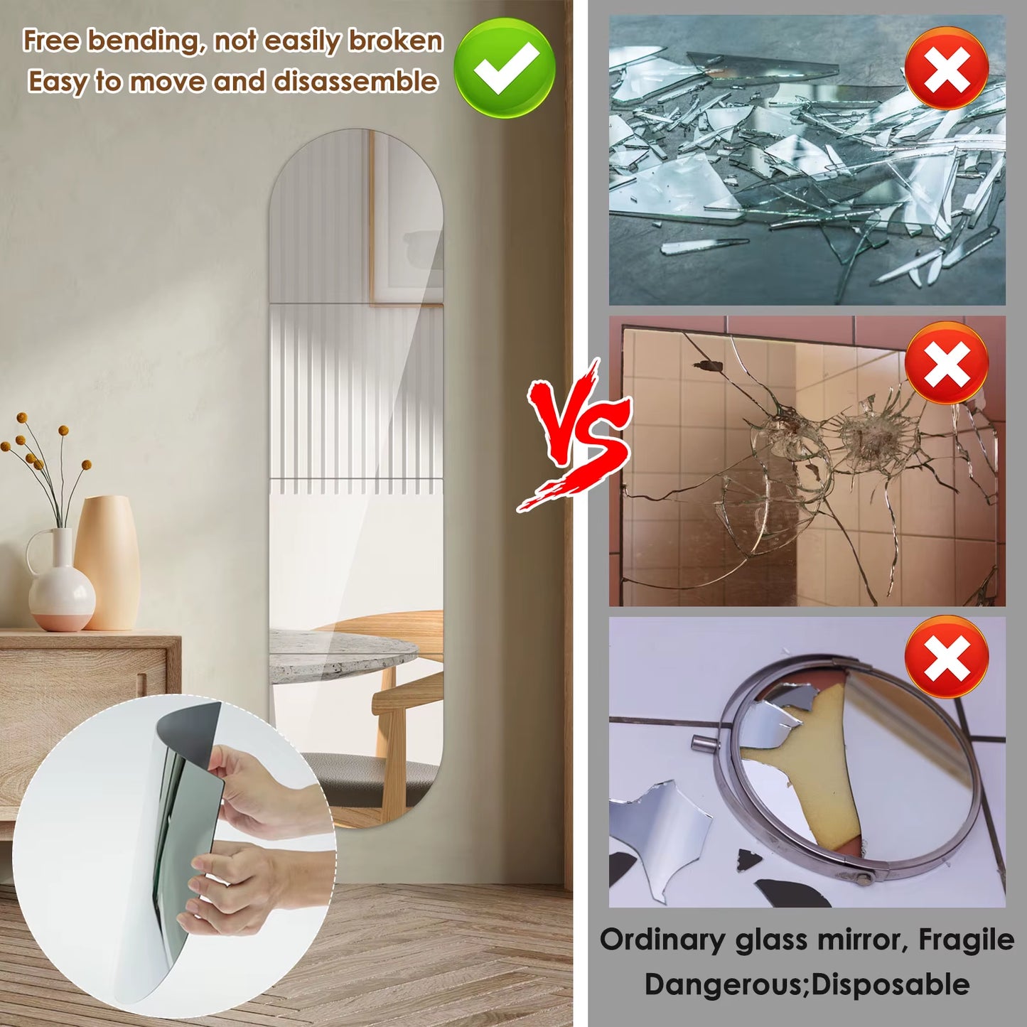 4 Pcs Full Length Acrylic Mirror Set Self Adhesive Acrylic Mirror DIY Flexible Mirror Stickers for Living Room Bathroom Decor
