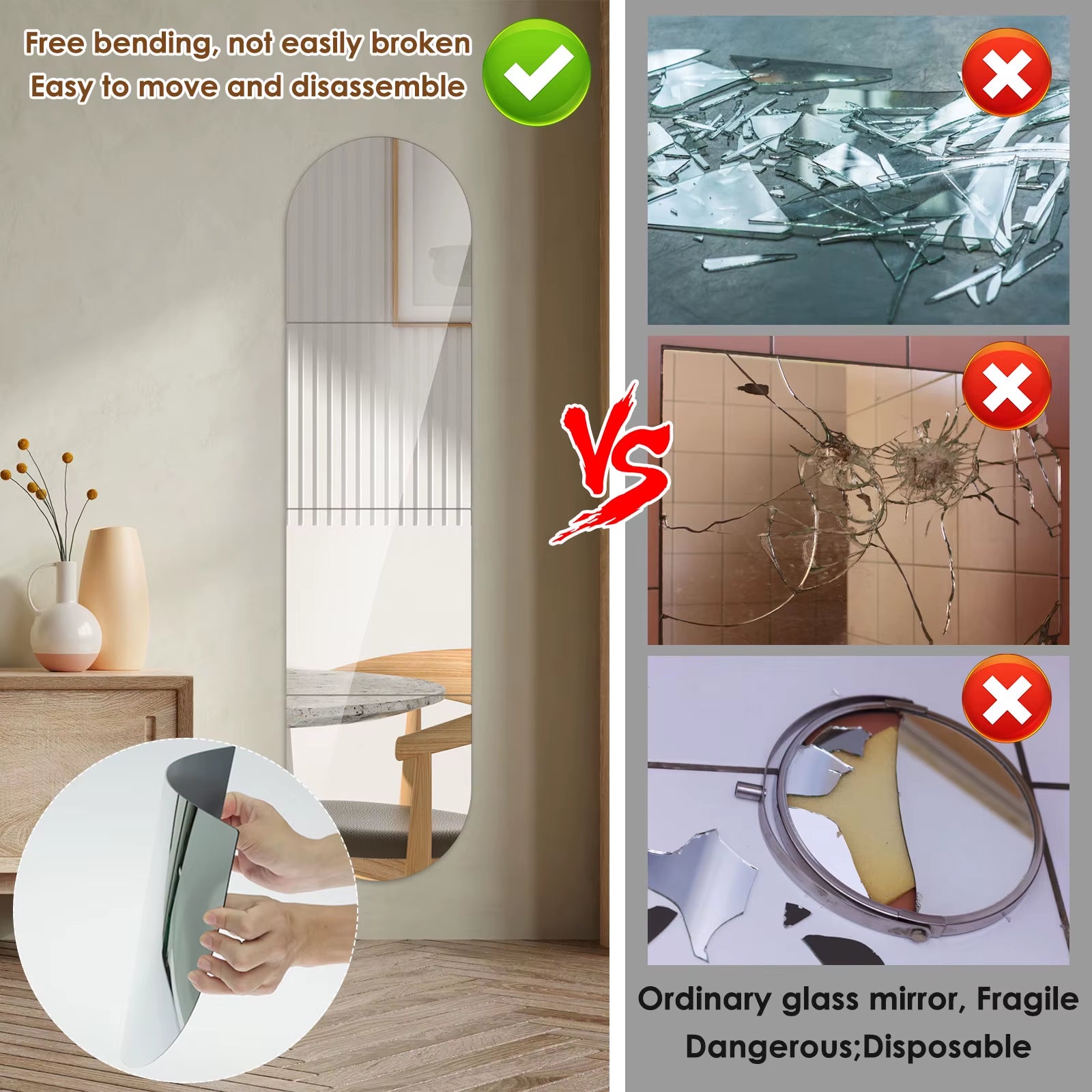 4 Pcs Full Length Acrylic Mirror Set Self Adhesive Acrylic Mirror DIY Flexible Mirror Stickers for Living Room Bathroom Decor