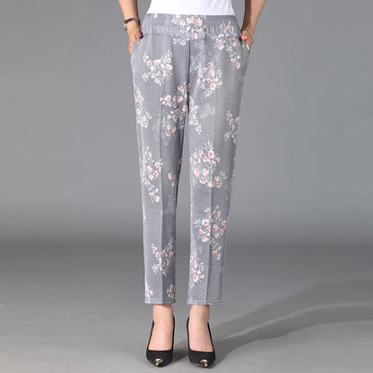Flower Pattern Light Colored Pants Cool and Breathable Elastic Cropped Pants Summer Women'S Solid Color High Waisted Loose