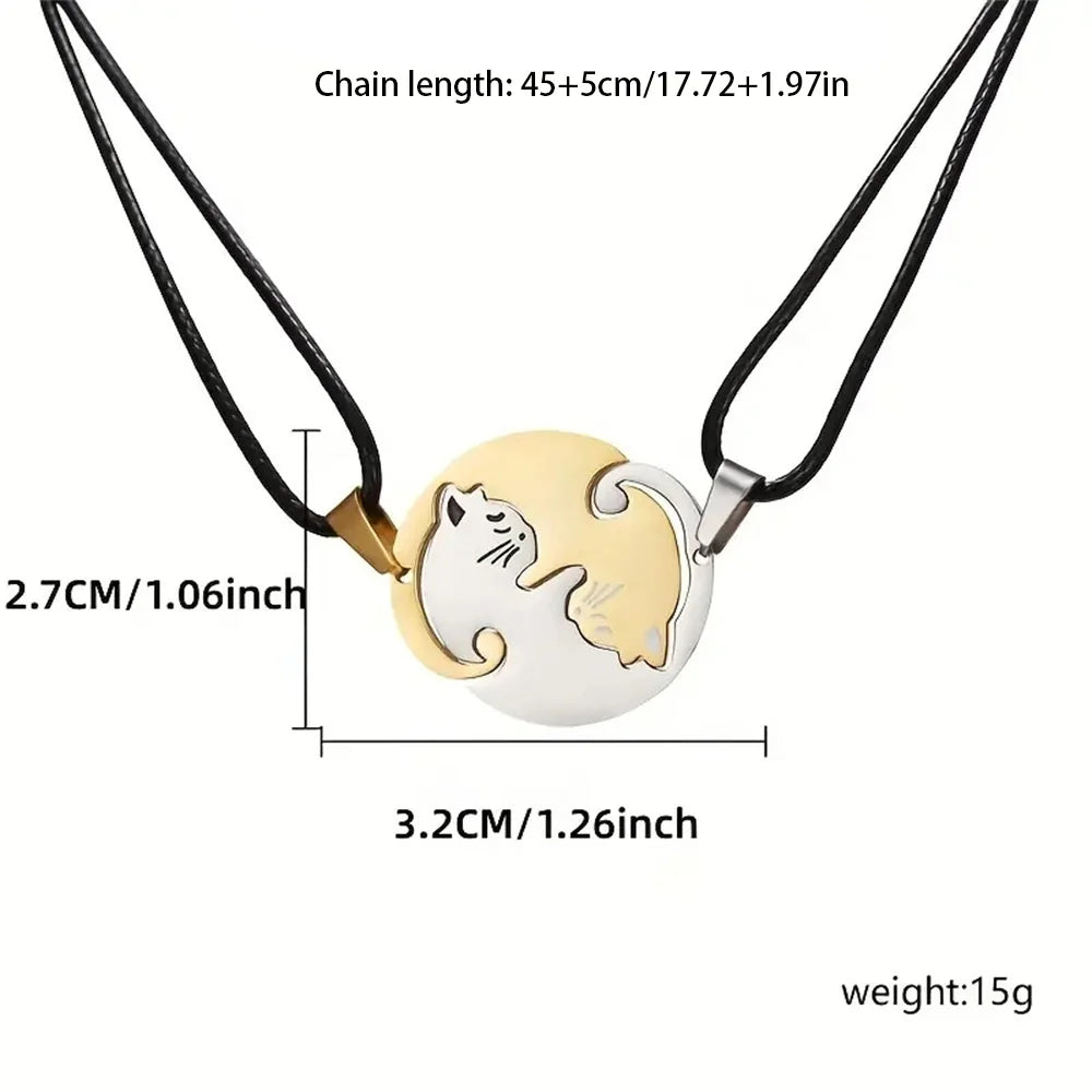 2 Pcs/Set Cute Black and White Cat Pendant Stainless Steel Cat Embrace Couple Necklace Jewelry Gift for Men and Women Pendant