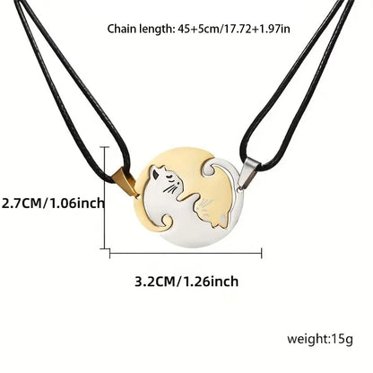 2 Pcs/Set Cute Black and White Cat Pendant Stainless Steel Cat Embrace Couple Necklace Jewelry Gift for Men and Women Pendant