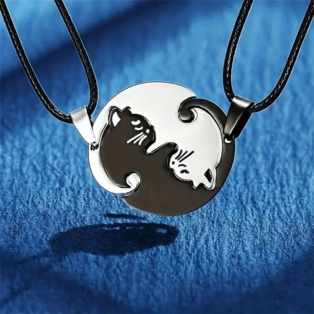 2 Pcs/Set Cute Black and White Cat Pendant Stainless Steel Cat Embrace Couple Necklace Jewelry Gift for Men and Women Pendant