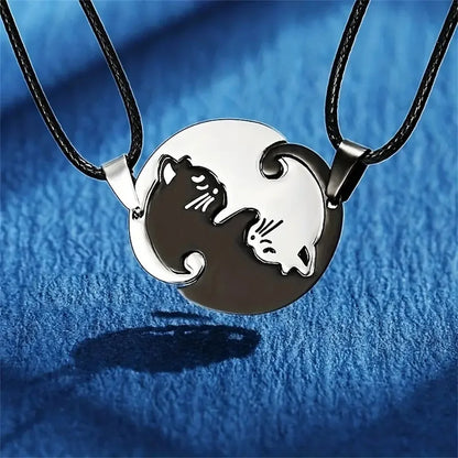 2 Pcs/Set Cute Black and White Cat Pendant Stainless Steel Cat Embrace Couple Necklace Jewelry Gift for Men and Women Pendant