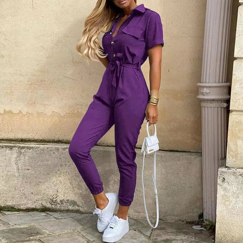 2024 Spring/Summer Women'S Fashion, Elegant and Elegant Commuter Casual Lapel, Printed Belt, Work Dress Jumpsuit