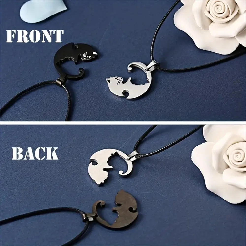 2 Pcs/Set Cute Black and White Cat Pendant Stainless Steel Cat Embrace Couple Necklace Jewelry Gift for Men and Women Pendant