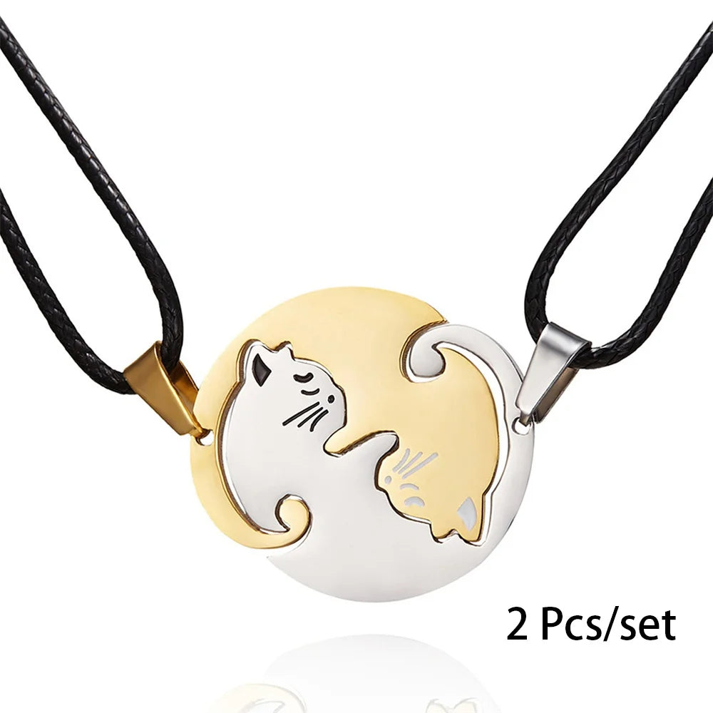 2 Pcs/Set Cute Black and White Cat Pendant Stainless Steel Cat Embrace Couple Necklace Jewelry Gift for Men and Women Pendant